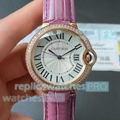 Clone Cartier Ballon Bleu Diamond Bezel 36mm Purple Leather Strap 